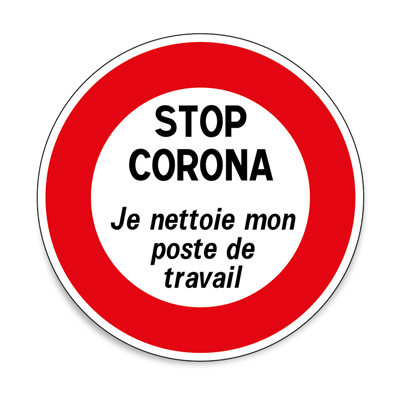 Adhésif STOP CORONA - Je nettoie mon poste - 10 cm x 10 cm